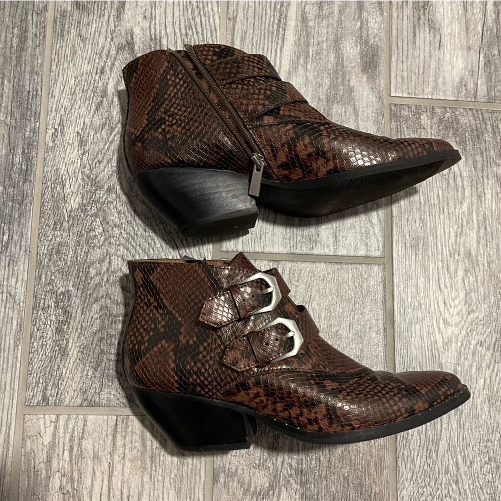 Chocolate brown snakeskin booties